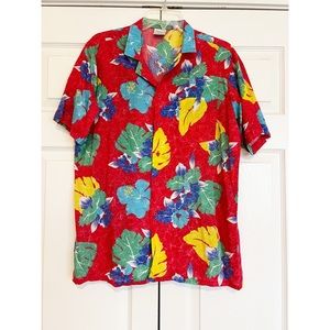 Vintage Shore Things Red Hawaiian Floral Button Front Short Sleeve Shirt